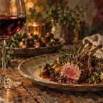 Accord mets vins cote rotie avec agneau rôti aux herbes, verre rubis