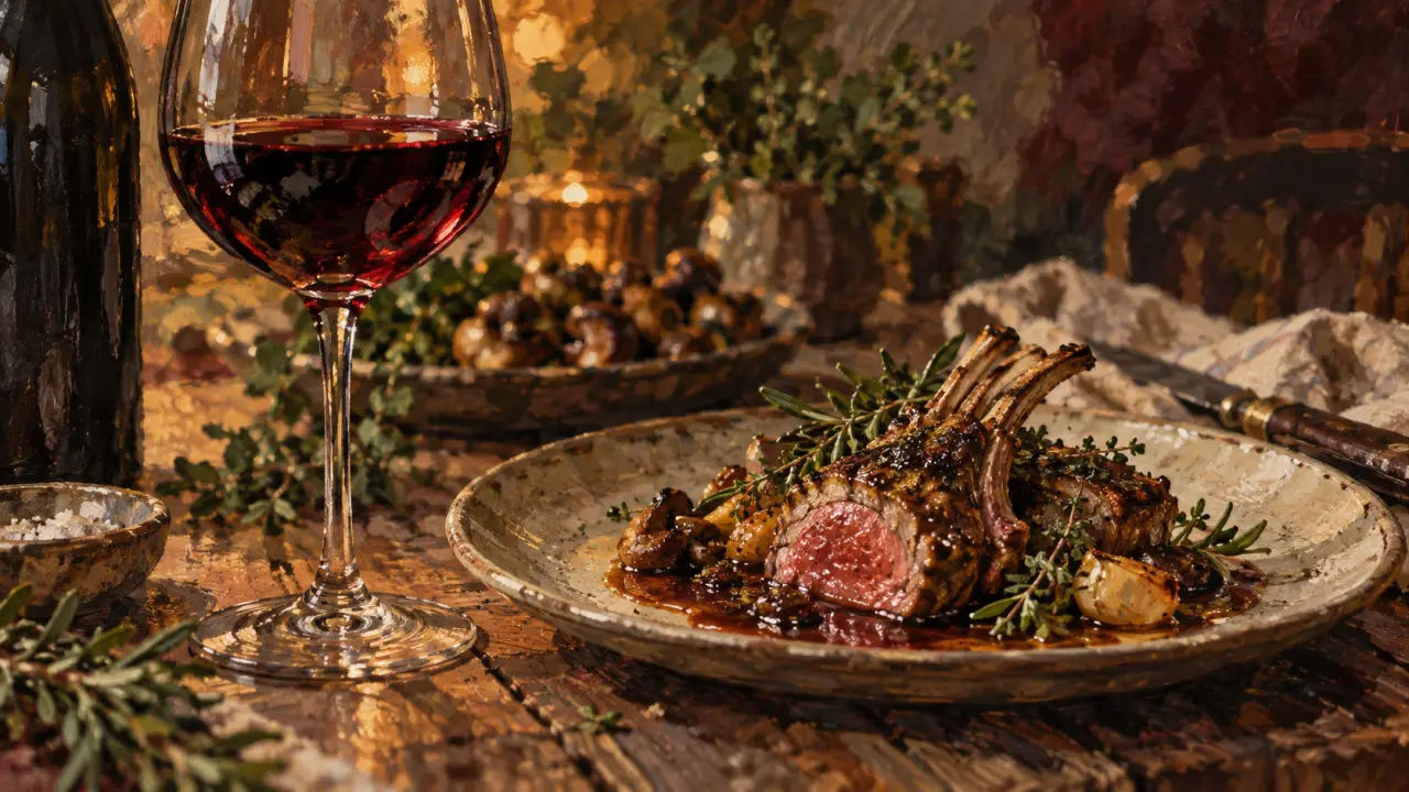 Accord mets vins cote rotie avec agneau rôti aux herbes, verre rubis