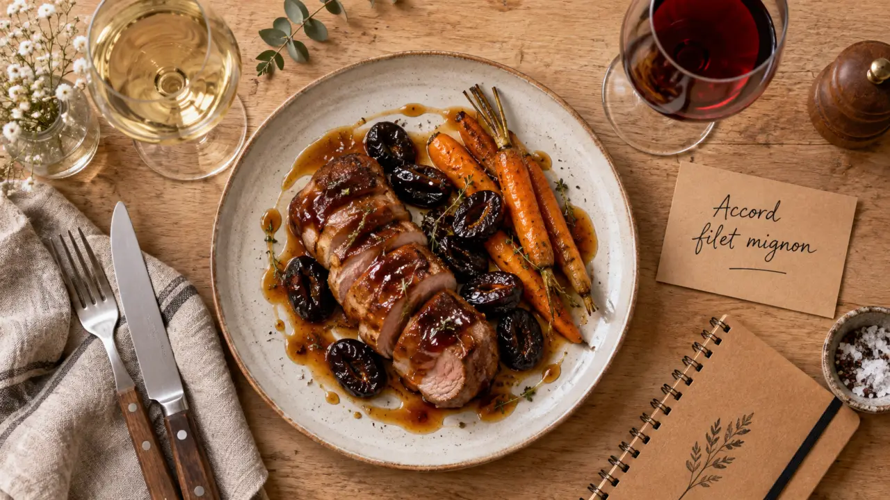 Accord mets vins filet mignon de porc avec sauce au miel, vin blanc et rouge