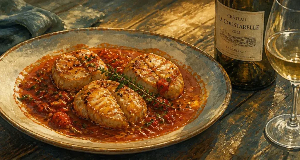 Accord mets vins lotte à l'américaine avec vin blanc et sauce tomate