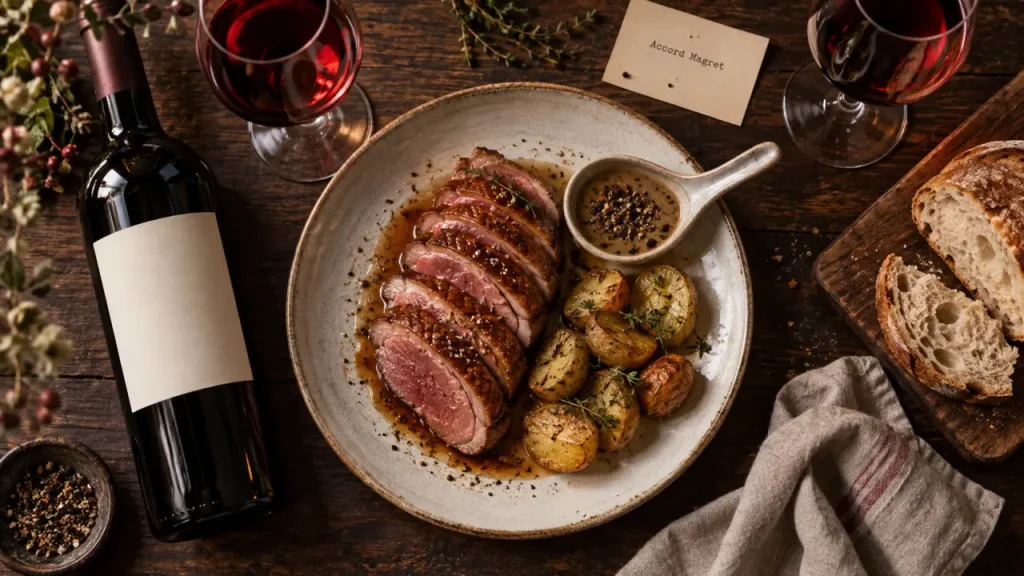 Accord mets et vins magret de canard : vin rouge souple et magret de canard