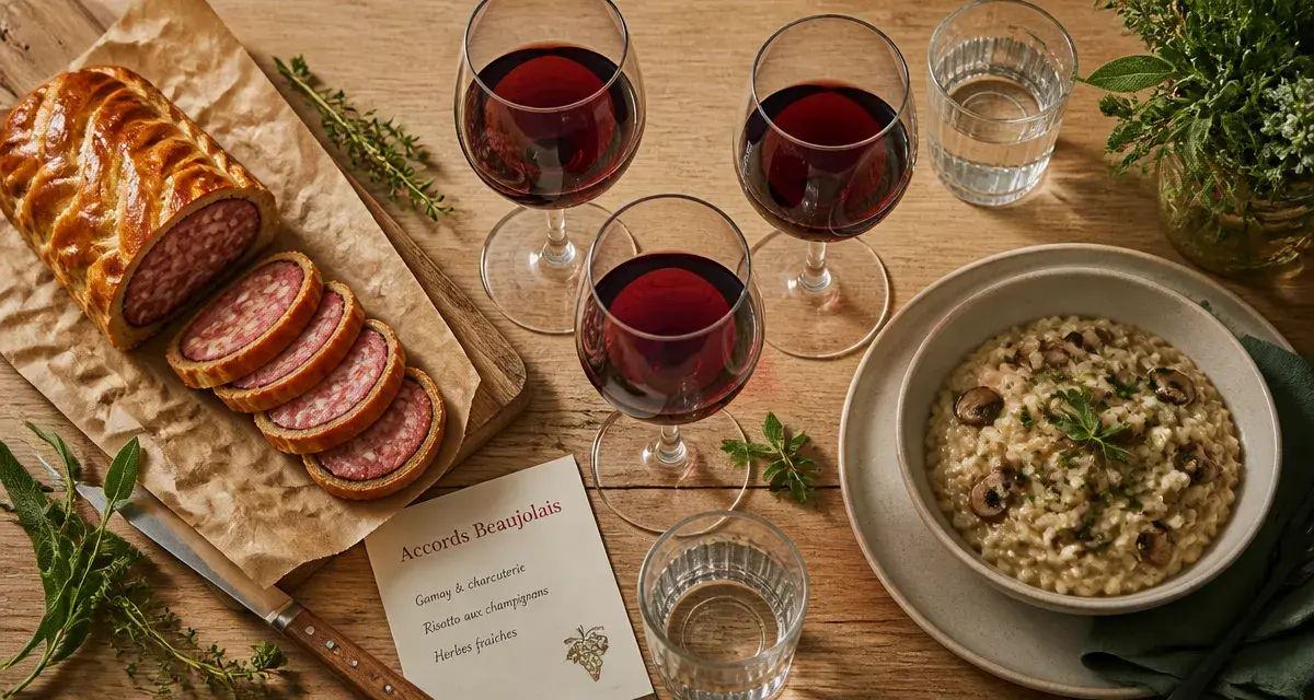 Accords mets vins beaujolais : gamay, saucisson brioché et risotto aux champignons