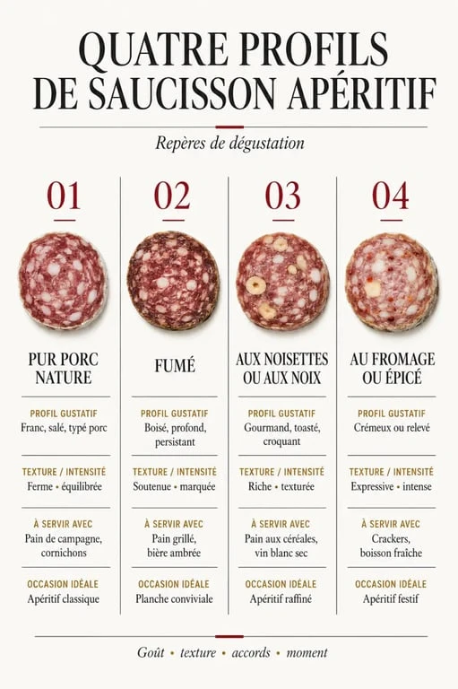 Infographie comparative des saucissons apéritif nature, fumé, aux fruits secs et épicé