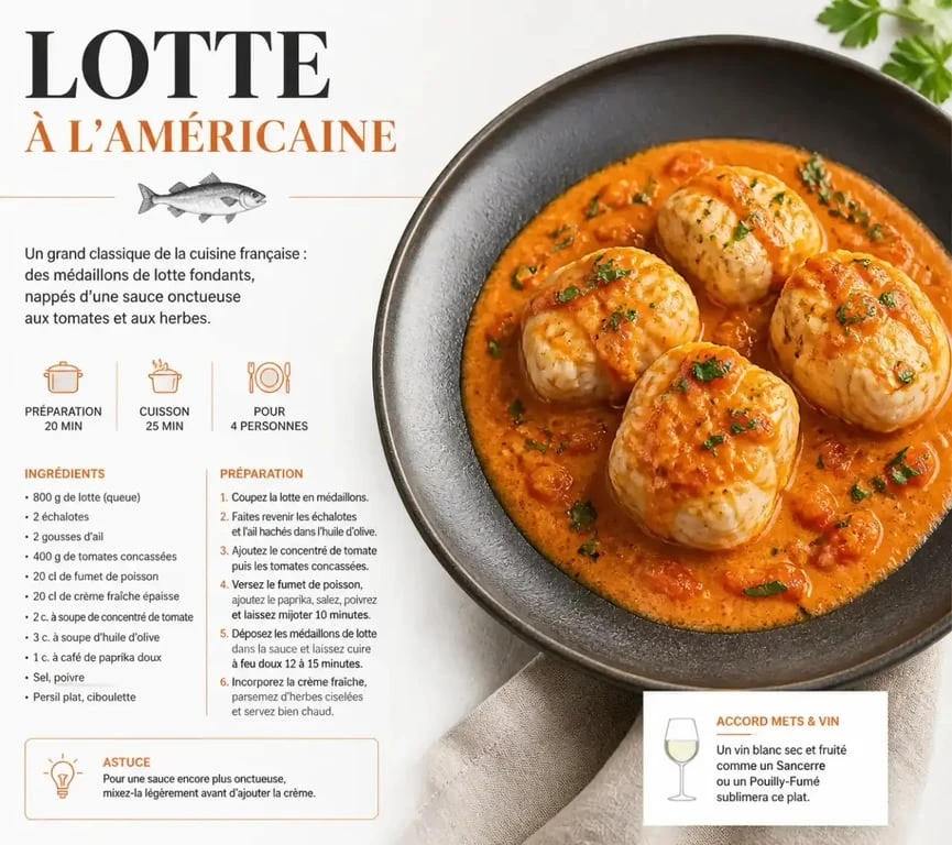 Assiette de lotte à l'américaine avec sa sauce onctueuse pour un accord mets vins réussi