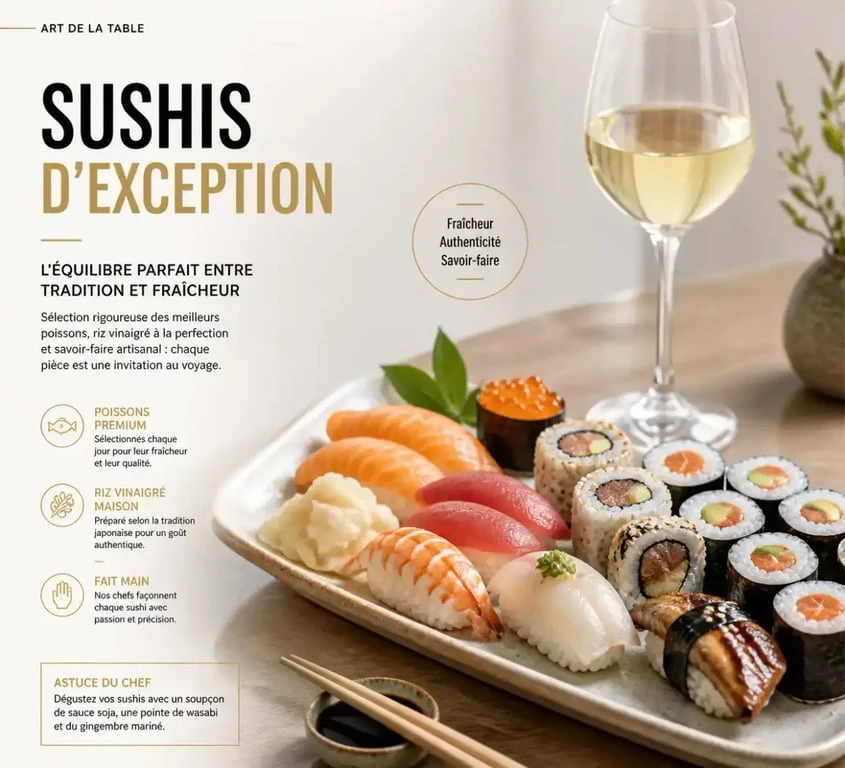 Assiette de sushis et verre de vin blanc pour un accord parfait