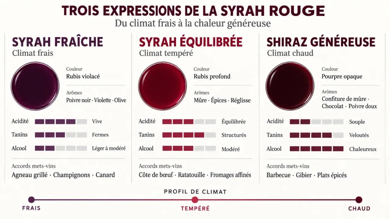 Infographie comparative des styles de vin Syrah rouge selon le climat, les arômes et les accords