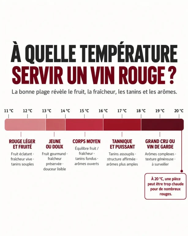 Infographie sur la température d’un vin rouge selon son profil, de 11 à 20 °C