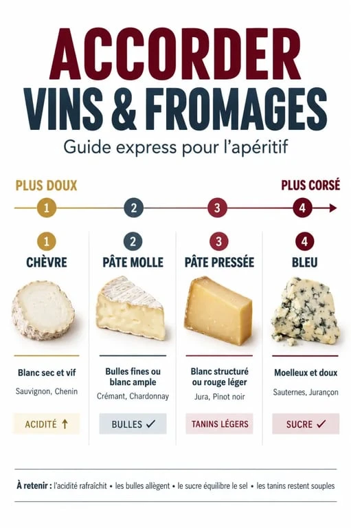 Guide pour accorder les vins et les fromages pour un apéritif : infographie des accords par famille de fromage