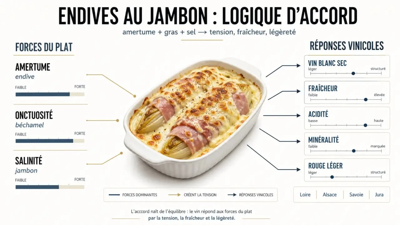 Infographie accord mets vins endives au jambon : équilibre entre amertume, béchamel et vin blanc sec ou rouge léger