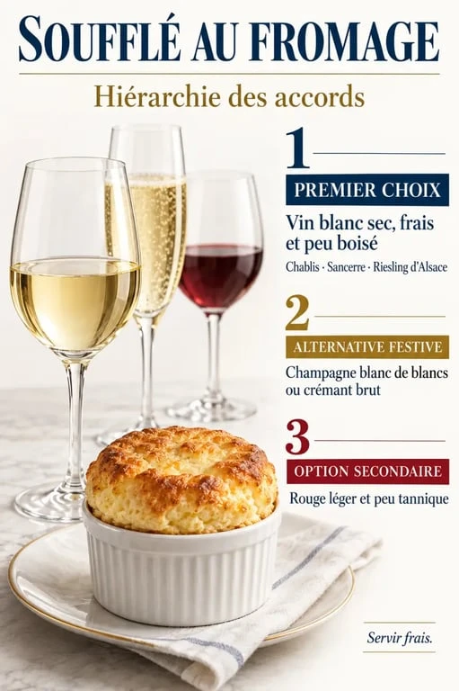Quel vin avec un soufflé au fromage : hiérarchie entre vin blanc sec, bulles et rouge léger