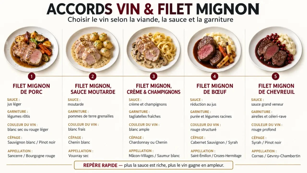 Infographie du vin pour filet mignon selon la viande, la sauce et la garniture