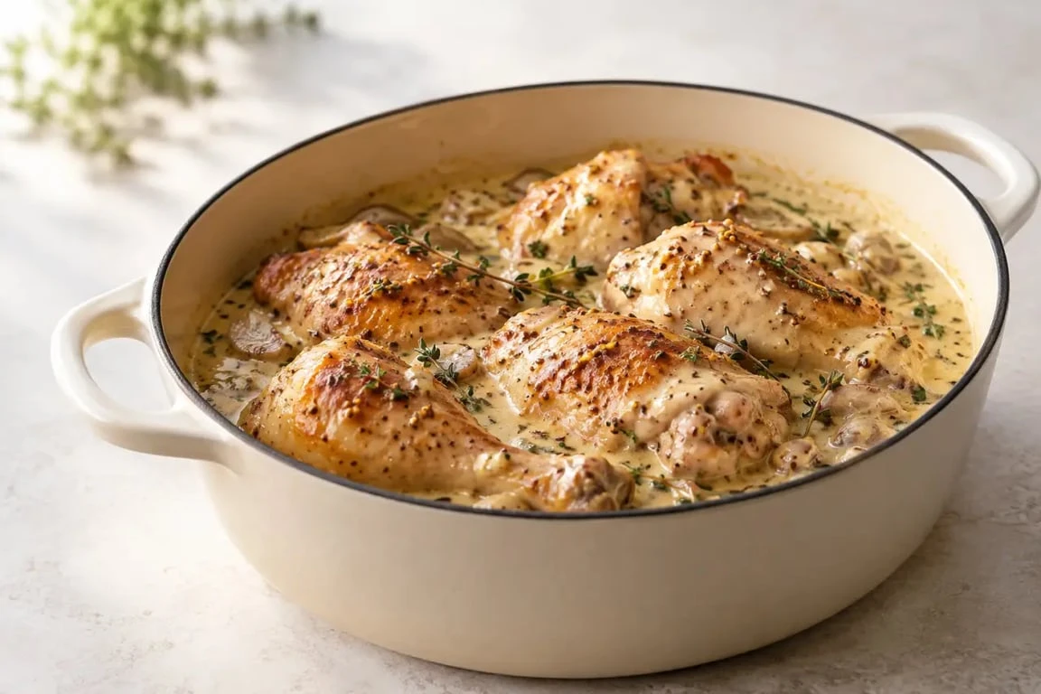 Poulet au vin blanc crémeux à la moutarde servi en cocotte