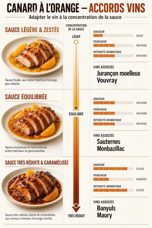 Infographie des accords vin avec un canard à l’orange selon la douceur et l’intensité de la sauce