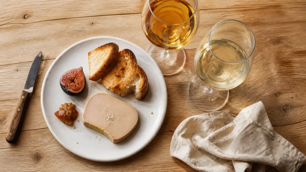 Foie gras vin : foie gras mi-cuit, verre blanc moelleux et rouge souple