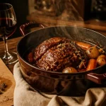 Joue de porc en cocotte minute, vin rouge et sauce brune