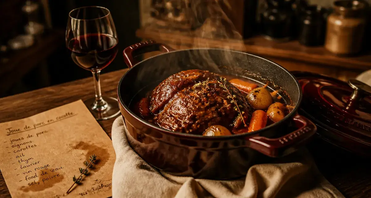 Joue de porc en cocotte minute, vin rouge et sauce brune
