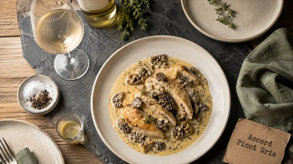 Pinot gris accompagnement : verre de pinot gris avec poulet à la crème et morilles