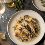 Pinot gris accompagnement : verre de pinot gris avec poulet à la crème et morilles