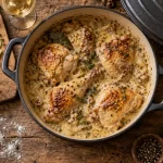 Poulet vin blanc en sauce crémeuse moutardée, cocotte en fonte