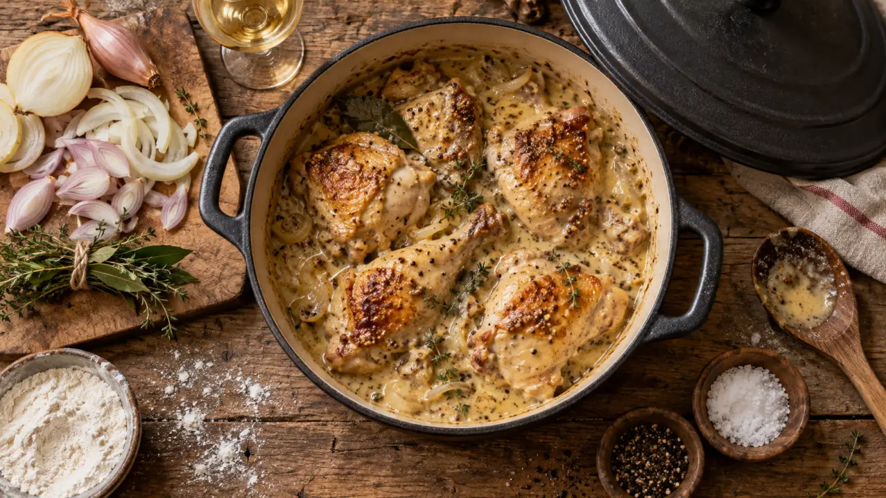 Poulet vin blanc en sauce crémeuse moutardée, cocotte en fonte