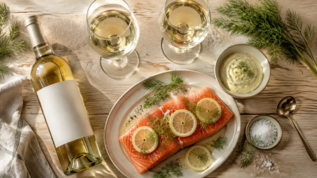 Quel vin avec saumon : verres de vin blanc sec et saumon au citron