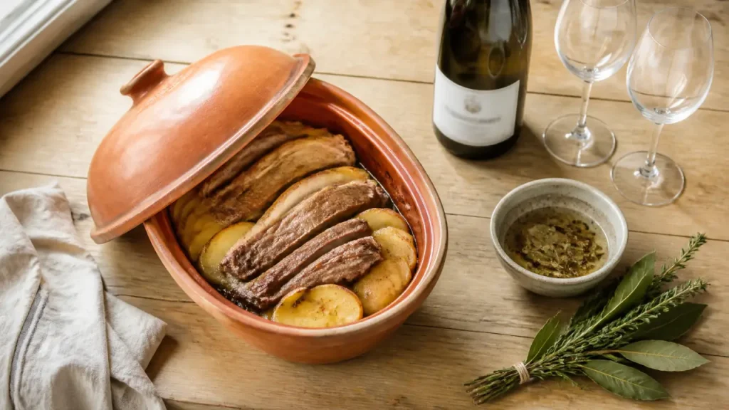 Quel vin blanc pour marinade baeckeoffe : bouteille d’Alsace et marinade sur table.
