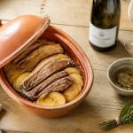 Quel vin blanc pour marinade baeckeoffe : bouteille d’Alsace et marinade sur table.