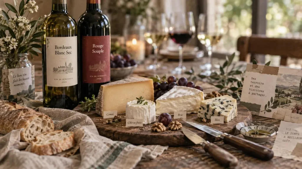 Quel vin de Bordeaux avec le fromage : fromages et bouteille de Bordeaux blanc et rouge