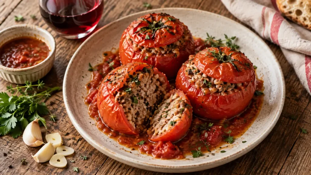 Quel vin servir avec des tomates farcies : verre de vin rouge avec tomates farcies et sauce tomate
