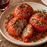 Quel vin servir avec des tomates farcies : verre de vin rouge avec tomates farcies et sauce tomate