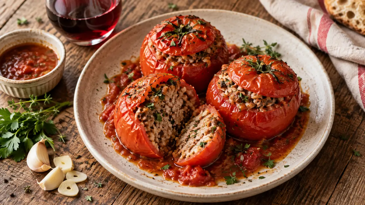 Quel vin servir avec des tomates farcies : verre de vin rouge avec tomates farcies et sauce tomate