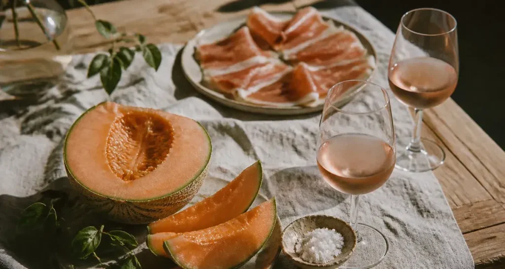 Quel vin servir avec du melon : rosé sec et jambon cru sur table en bois
