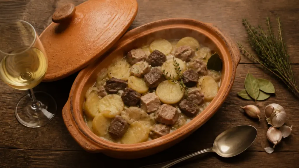 Recette alsacienne du baeckeoffe : terrine trois viandes, riesling et pommes de terre