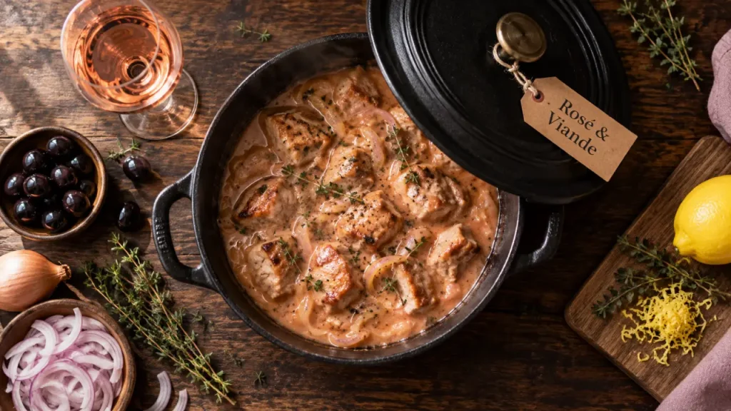 Recette viande avec vin rosé : cocotte rosée et porc sauté, cuisson douce