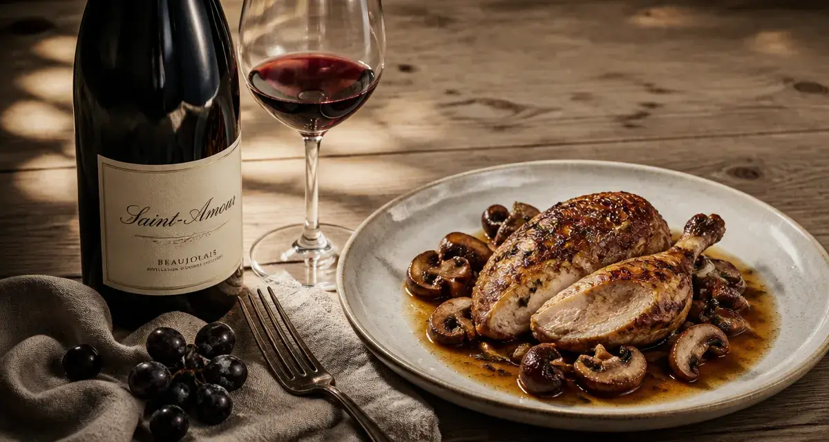 Saint amour accord mets vins : volaille rôtie et Saint-Jacques poêlées avec sauce