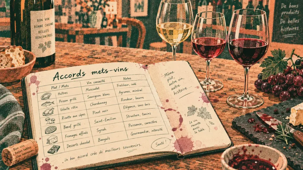 Tableau accord mets vins sur table, repères d’accords mets-vins