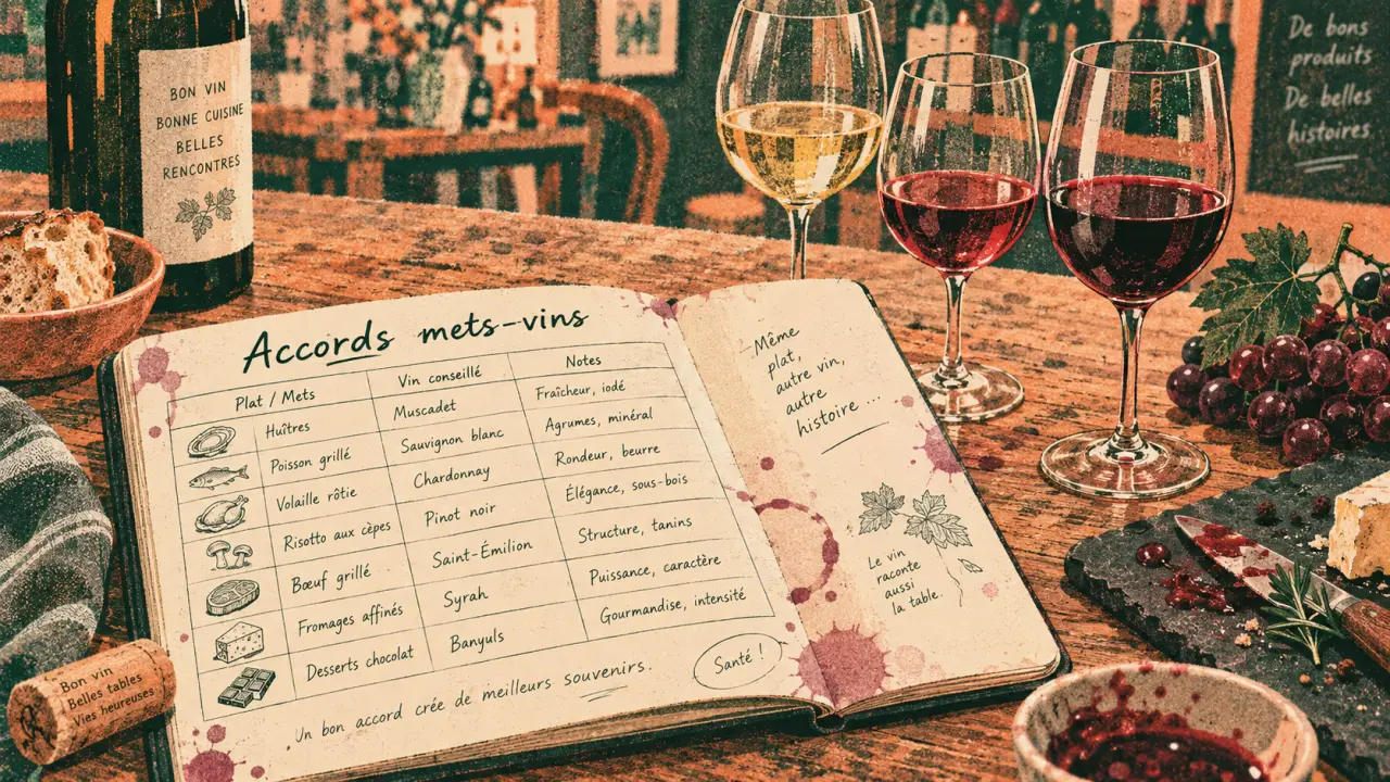 Tableau accord mets vins sur table, repères d’accords mets-vins