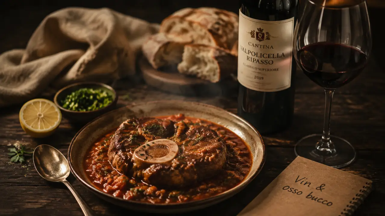 Vin avec osso bucco : rouge italien et gremolata, osso bucco fumant