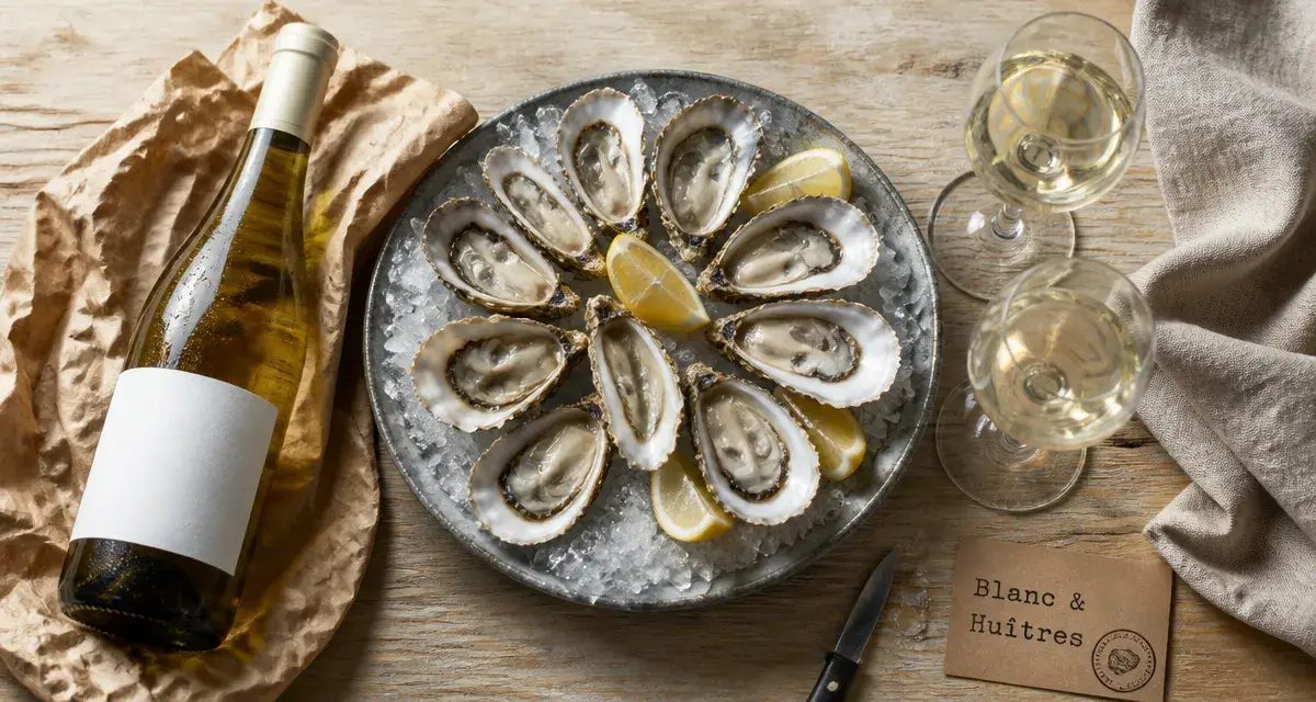 Vin blanc apero avec huîtres fraîches sur glace