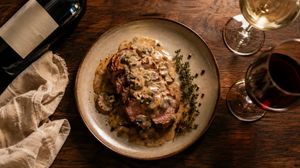 Vin filet mignon : filet mignon en sauce, rouge et blanc à table