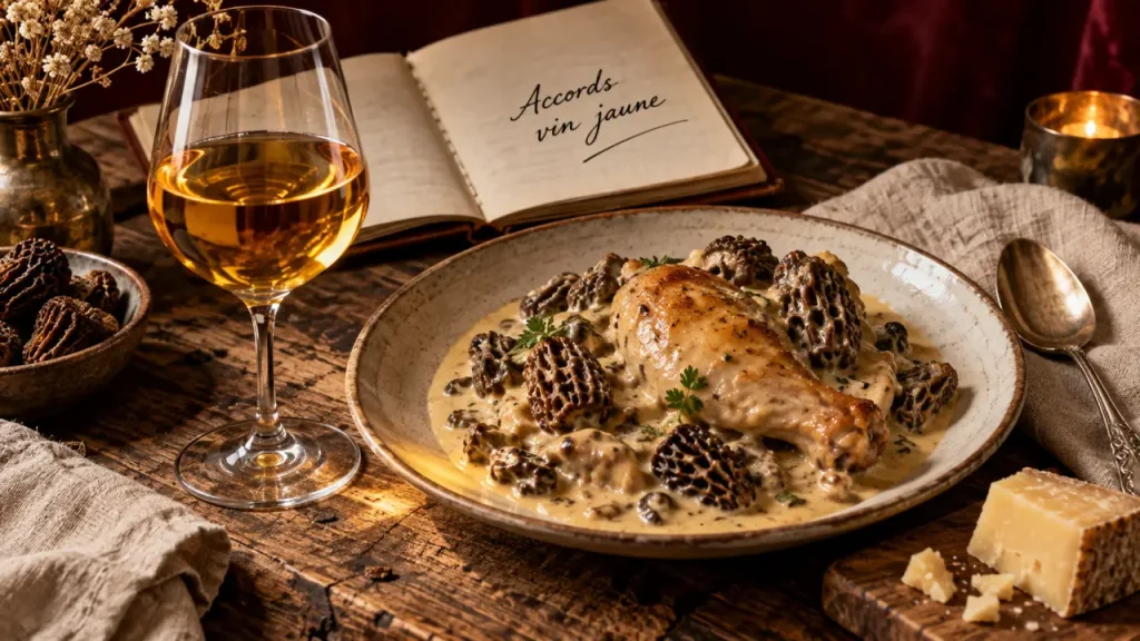 Vin jaune avec quel plat : volaille sauce morilles et comté