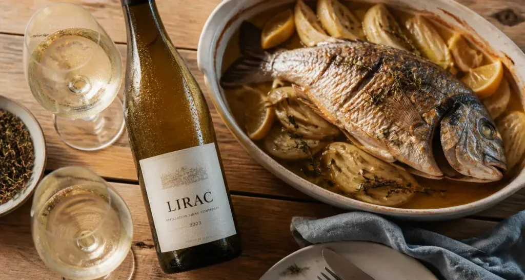 Vin Lirac blanc avec quel plat : dorade rôtie au fenouil et herbes