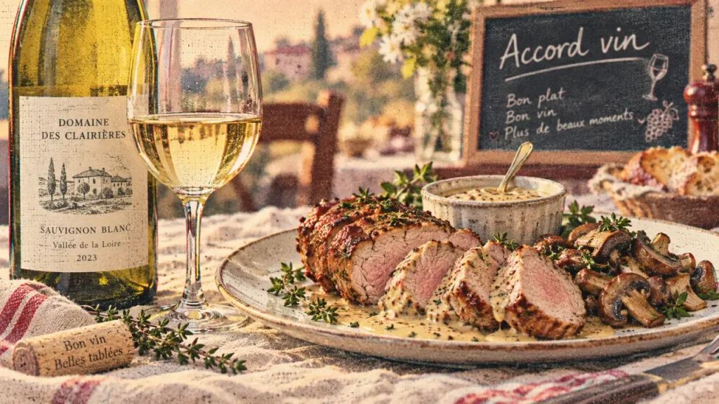 Vin pour filet mignon : filet de porc, sauce crème, champignons, verre de vin blanc sec