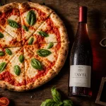 Vin pour pizza : bouteille rouge légère, pizza margherita, verres fumés