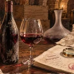 Vin rouge bourgogne tannique : bouteille, verre et carte d’appellation en cave