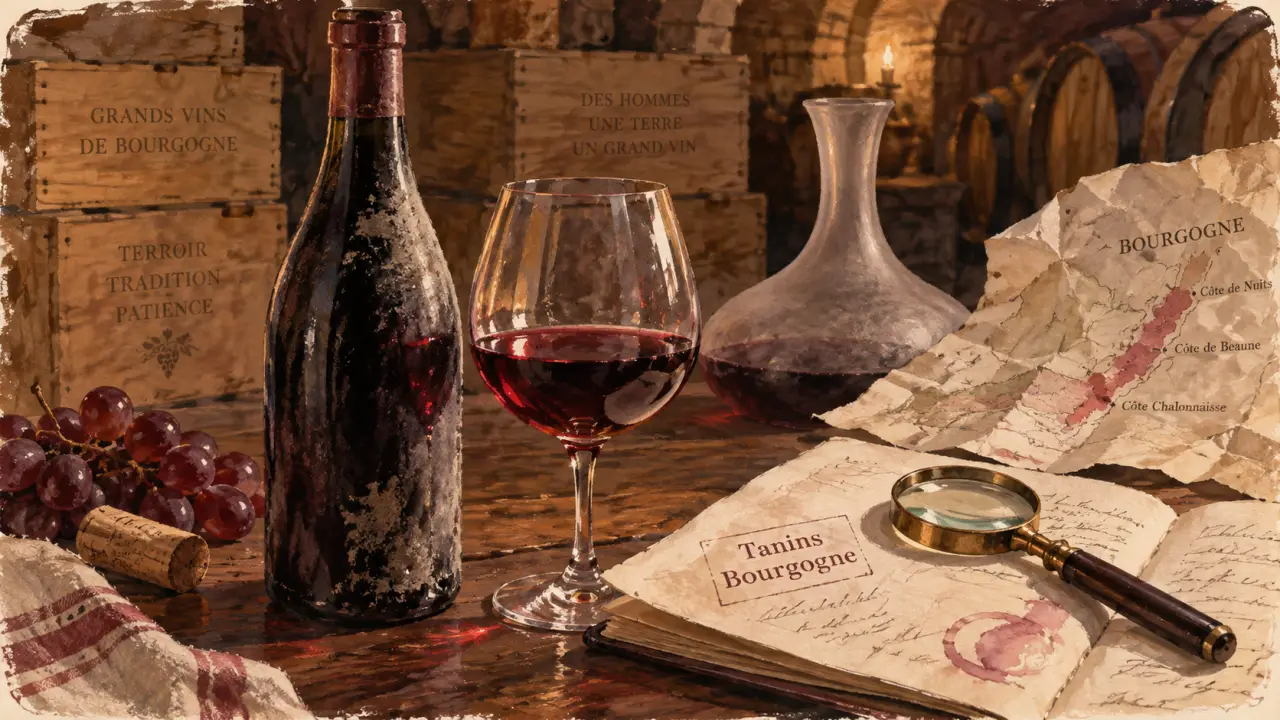 Vin rouge bourgogne tannique : bouteille, verre et carte d’appellation en cave