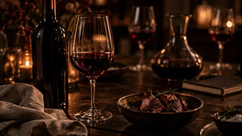 Vin rouge corsé, bouteille et verre sur table en chêne
