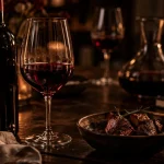 Vin rouge corsé, bouteille et verre sur table en chêne