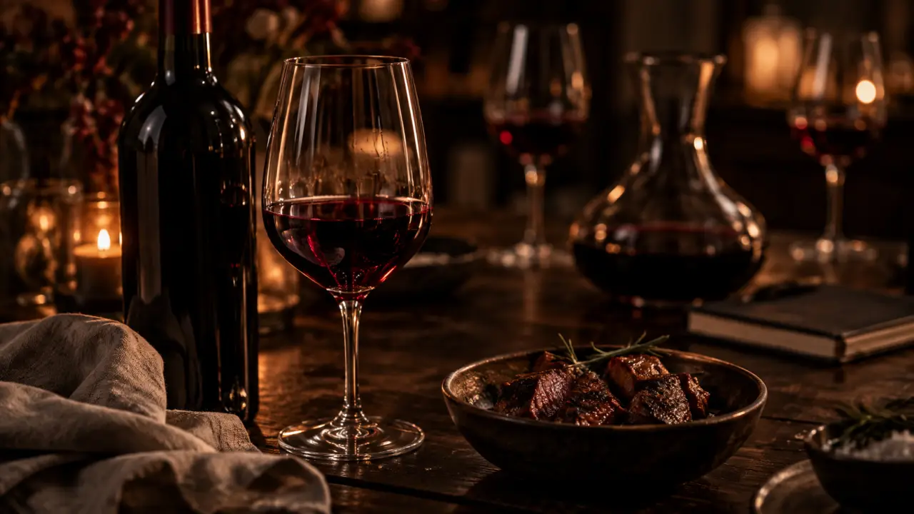 Vin rouge corsé, bouteille et verre sur table en chêne