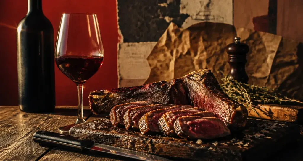 Vin rouge cote de boeuf : verre et côte de bœuf grillée